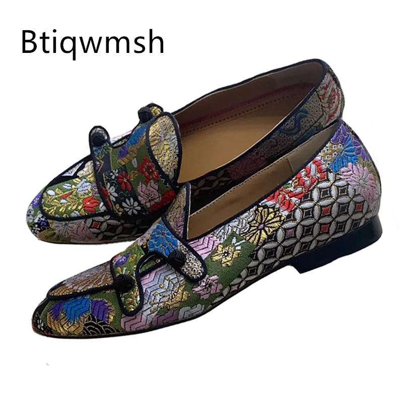 

Luxury Embroider Handmade Shoes Man Pointed Toe Double Button Flat Shoes Men Fashion Party Shoes