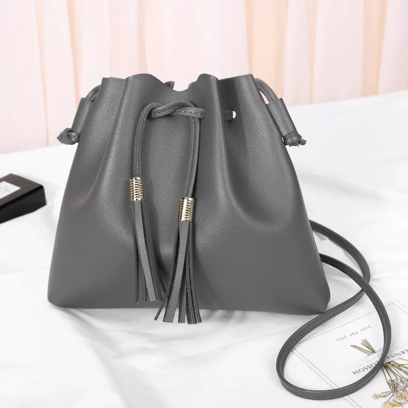

2022 Fashion String Bucket Bag For Women PU Leather Small Handbag Female Tassel Purse Shoulder Crossbody Bags