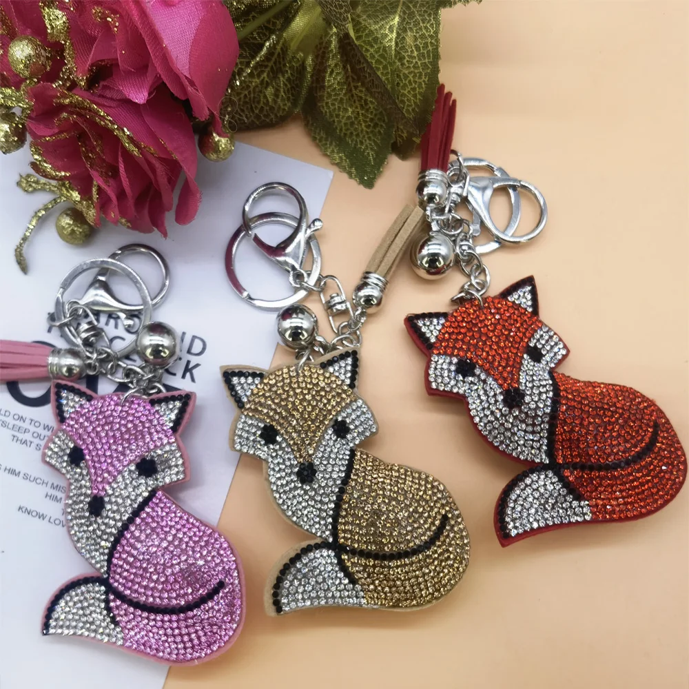 

New Cute Cartoon Rhinestone Fox Keychain Pendant Creative Korean Flannel Tassels Animal Pendant Bag Accessories