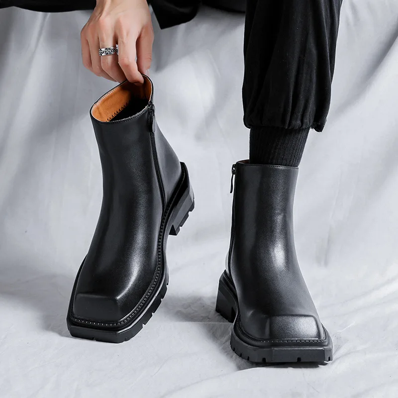 

men luxury fashion chelsea boots black trend brand designer shoes square toe cowboy genuine leather boot high top botas zapatos