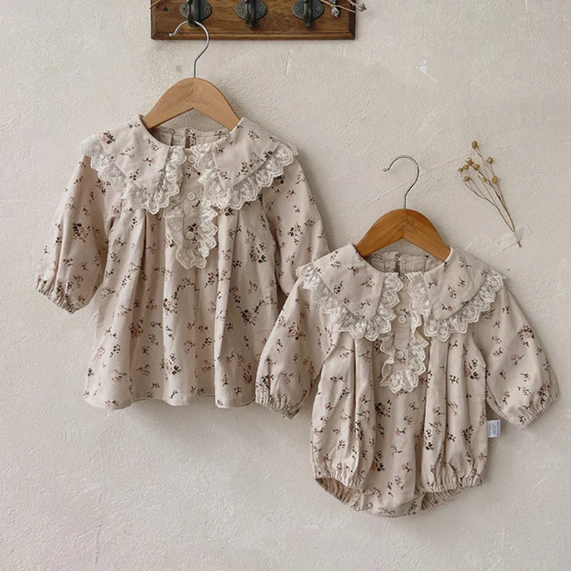 

Kids Princess Dresses Long Sleeve Cotton Print Sister Clothes Girl Party Dress Baby Rompers Autumn Spring Children Clothes