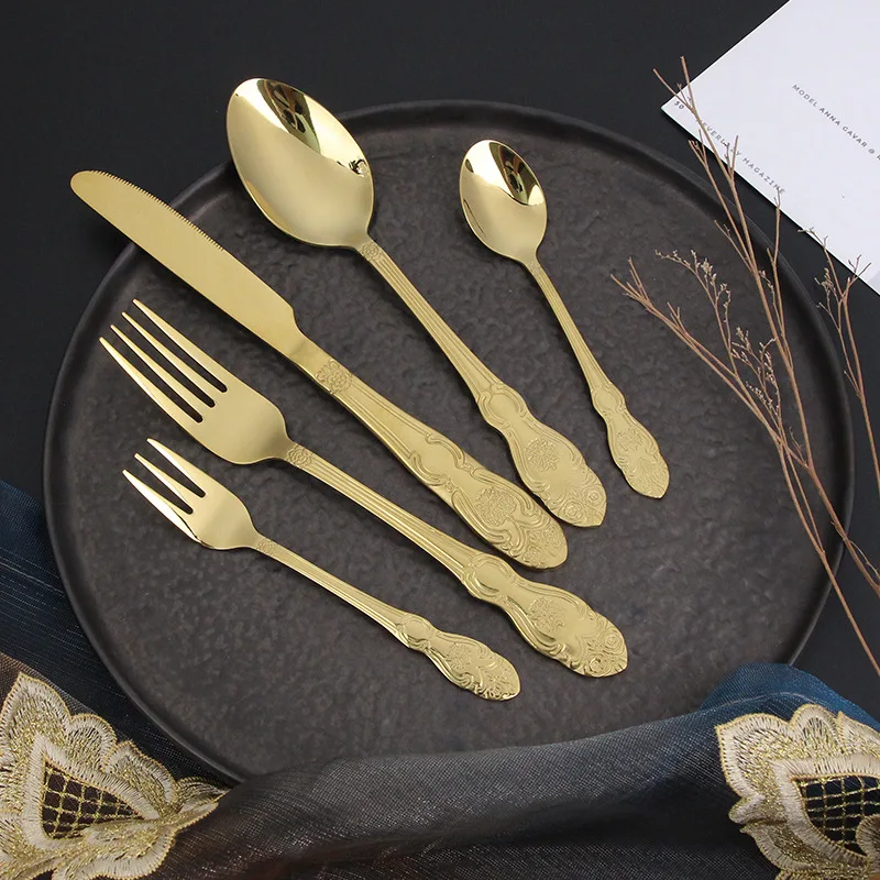 

Golden Cutlery Set Kitchen Utensils Sets Gift Christmas Tableware Dinnerware Items Jogo De Jantar Table Forks Kitchenware