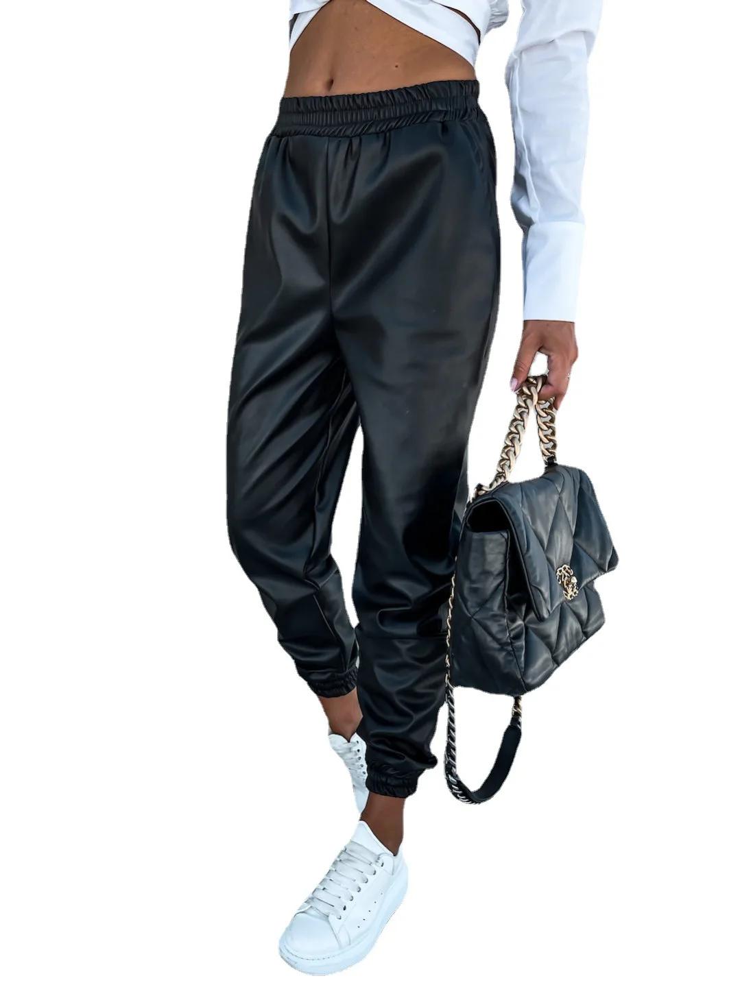 

Новинка Осень 2023, Женская однотонная спортивная одежда с эластичным поясом, брюки-карандаш, узкие женские брюки из искусственной кожи с карманами, одежда для отдыха, уличная одежда