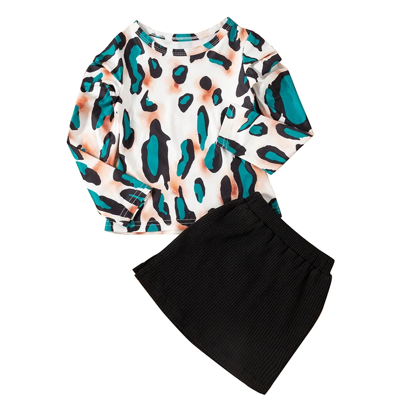 

Girls Casual Two-piece Clothes Set, Leopard Printed Pattern Pullover and Black Solid Color Knitted Skirt, 1-6 Years