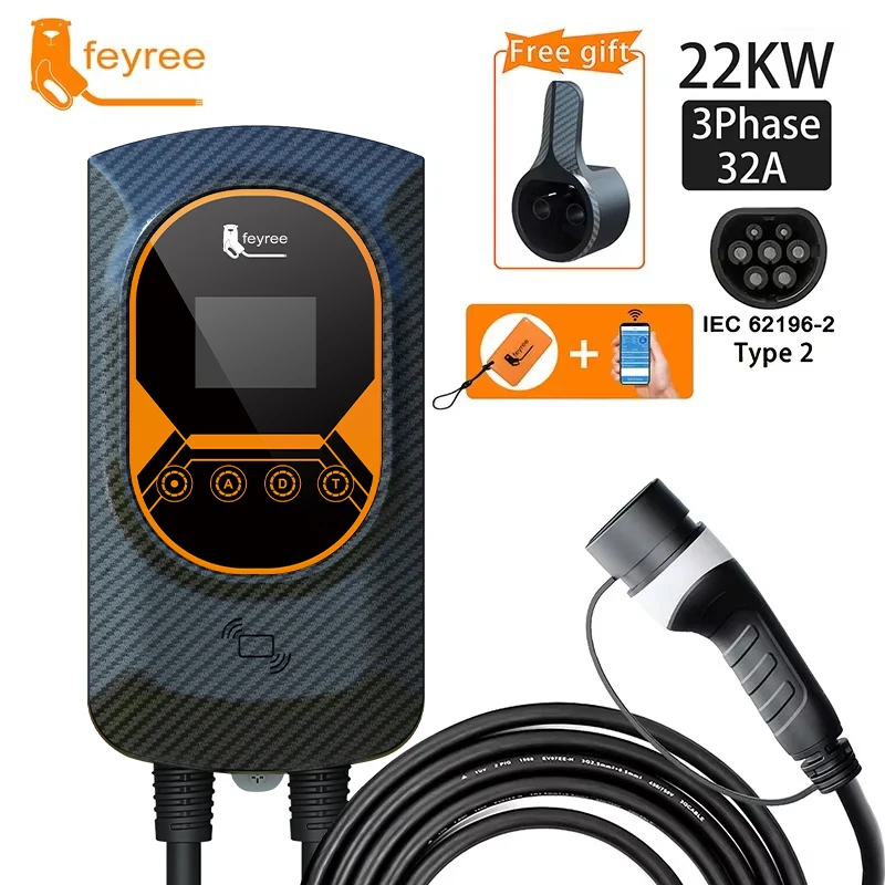 

EVSE Wallbox Type2 Кабель 32A 7.6KW Автомобильное зарядное устройство EV 11KW 22KW 3-фазная зарядная станция APP RFID-карты Управление для электромобиля