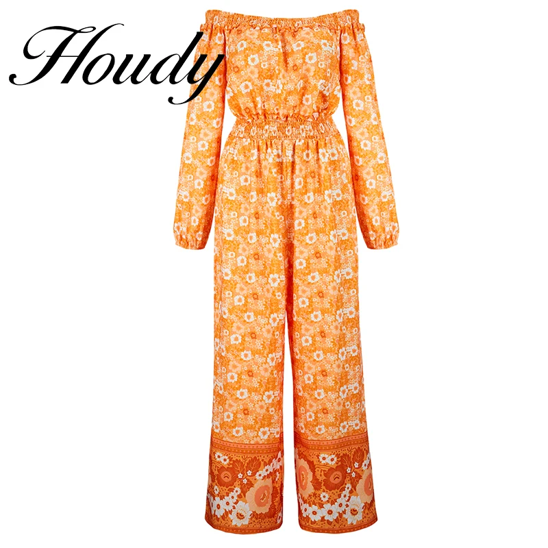 

Женский слитный комбинезон с принтом, с открытыми плечами и оборками, с коротким рукавом, синие свободные узкие брюки с высокой талией, летн...