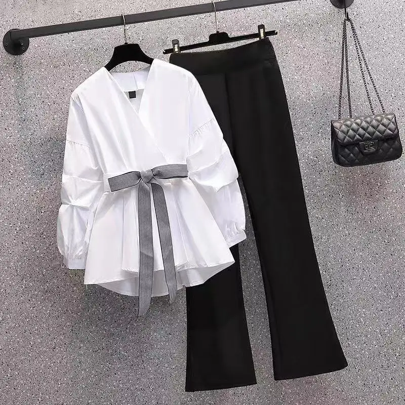 

Женский комплект из двух предметов, рубашка с бантом и брюки-клеш, однотонный спортивный костюм с длинным рукавом-фонариком и V-образным вырезом, осенний костюм 2023