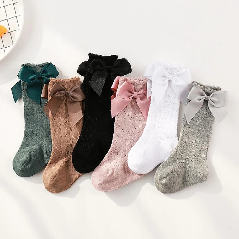 

Cute Girls Knee High Socks Bows Cotton Breathable Summer Children Socks Hollow Out Newborn Infant Baby Long Socks 0-3Years