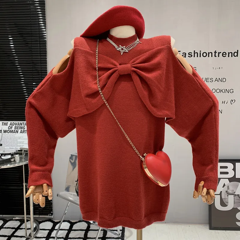 

Новинка Женская одежда зима 2022 свитер с открытыми плечами с длинными рукавами Свободный Универсальный красный пуловер вязаный Топ