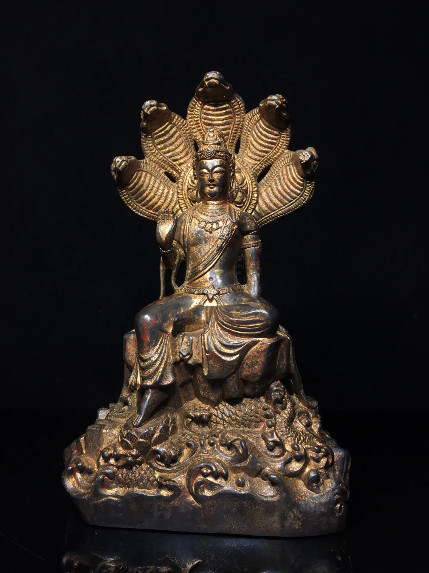 

10"Tibetan Temple Collection Old Bronze Cinnabar Nagarjuna Sitting Buddha Eye Snake Backlight Worship Hall Town house
