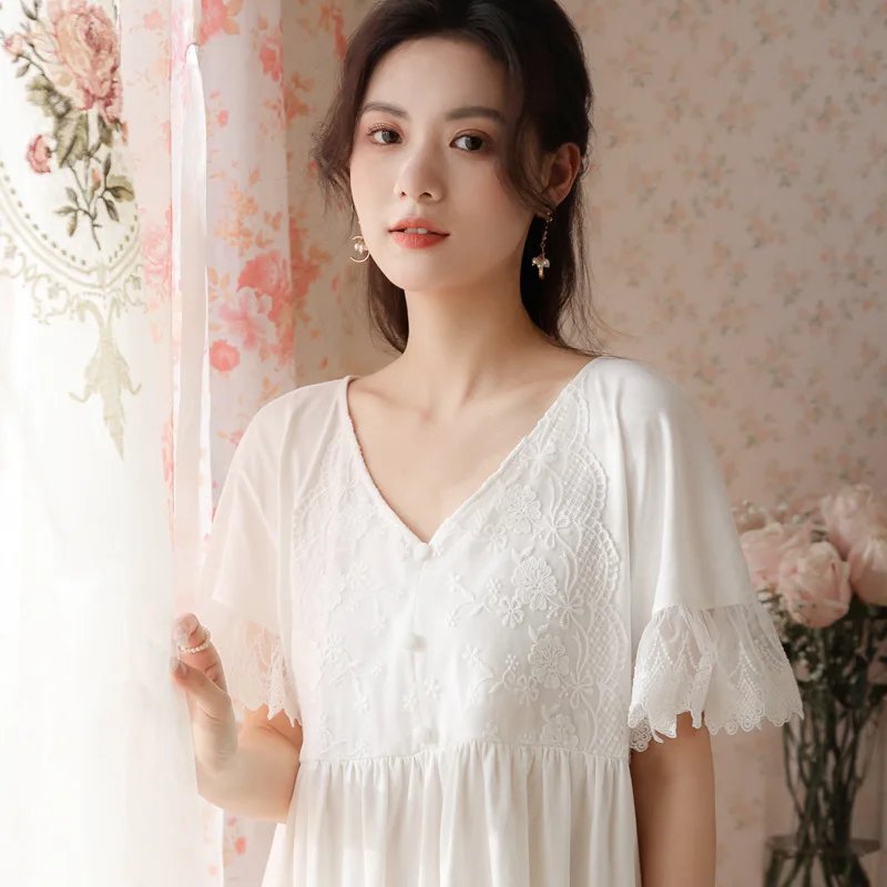 Summer Cotton Mini Night Dress Women White Sexy Lace Short Sleeve Nighty Princess Sleepwear Sweet Vintage Nightgowns Home Wear
