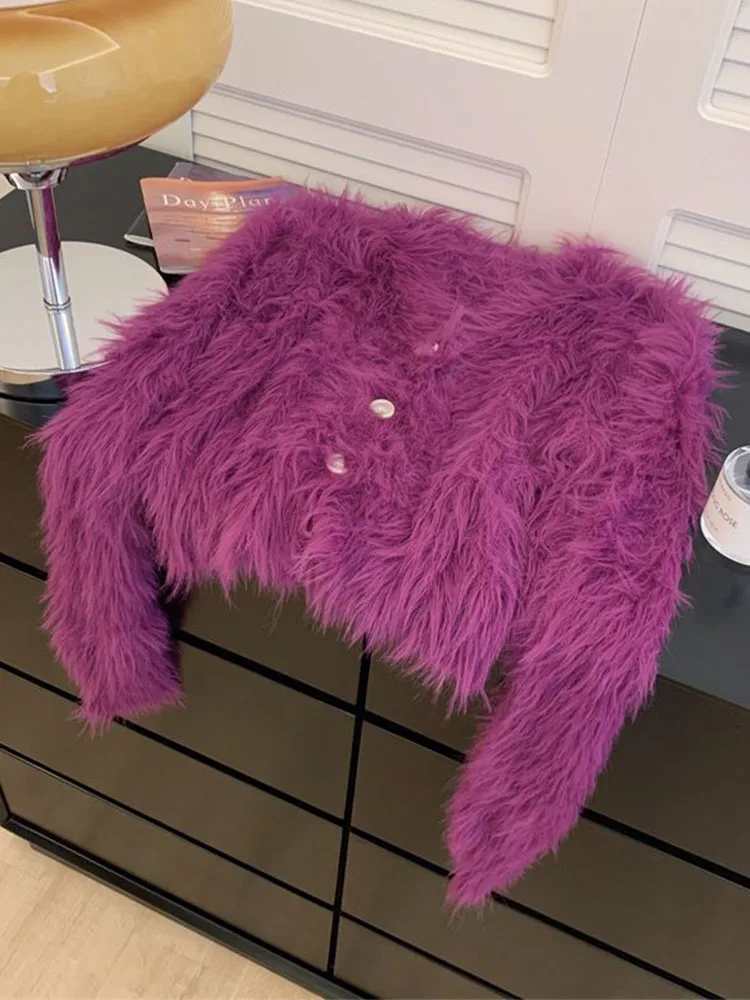 

Harajuku Purple Luxury Plush Cardigans Zipper Hooded V-Neck Cozy Single Breasted Sweater Cozy Outerwear Long Sleeve Warm Thicken