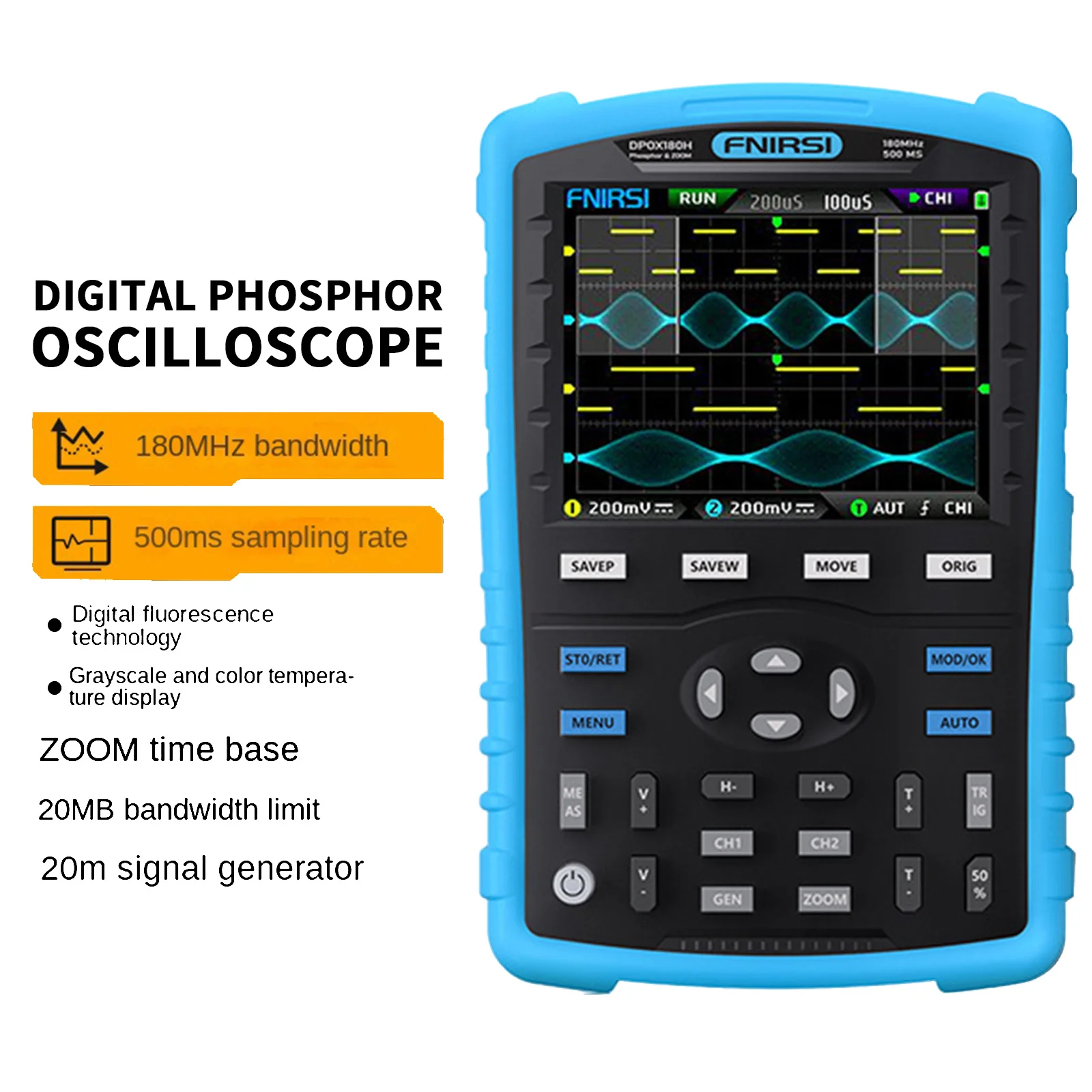 

20Mhz FNIRSI DPOX180H Handheld Phosphor Digital Oscilloscope 180MHz -3DB 50000wfms/s Dual Channel Signal Generator