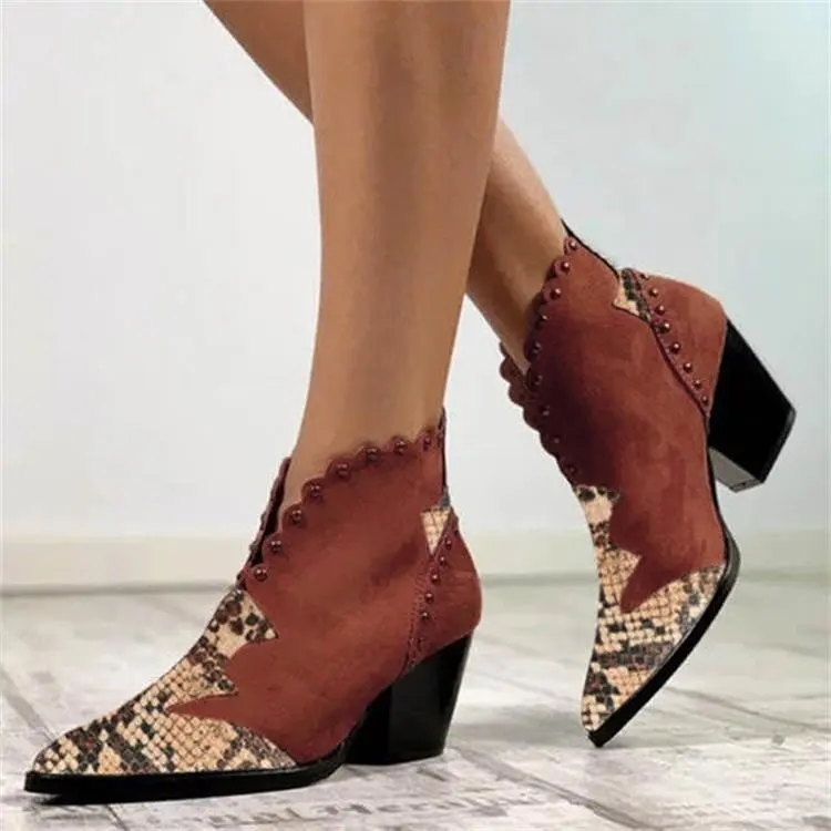 

2022 Female Autumn Winter Lace PU Leather Cowboy Ankle Boots Rivet Women Wedge High Heel Booties Snake Print Botas Mujer Cute