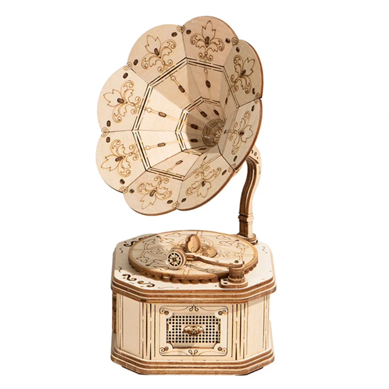 

New 3D Gramophone Box Wooden Building Blocks Puzzle Game Assembly DIY Popular Bricks Toys Gift for Children Adult