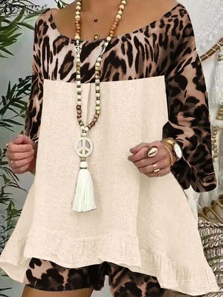 

ZANZEA Summer Urban Tracksuits Bohemian Leopard Printed Suit Women 3/4 Sleeve Ruffles Blouse Beach Short Sets Fashion Outifits