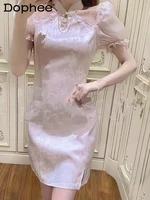 jacquard retro cheongsam dress for women 2022 summer design short puff sleeve beaded tassel sheath split dresses lady vestidos