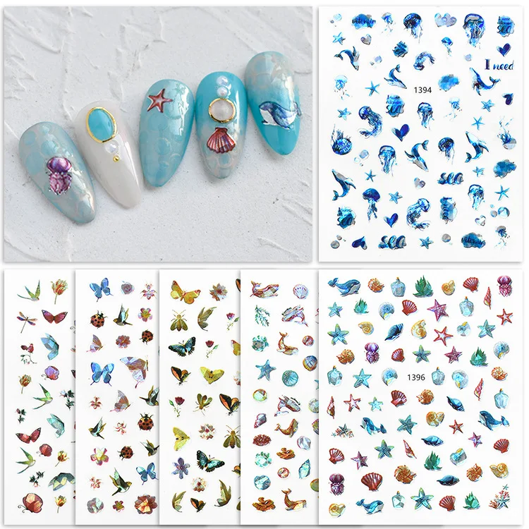 

3D Nail Stickers Laser Ocean Flowers Jellyfish Shells Nail Decoration Tips Decals