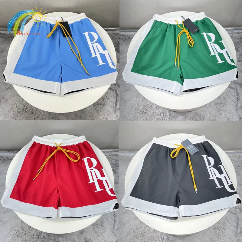 

2022SS New Colorblock Logo RHUDE Shorts Men Women 1:1 Casual Inside Mesh Rhude Breeches Black Green Blue Red Shorts With Tags