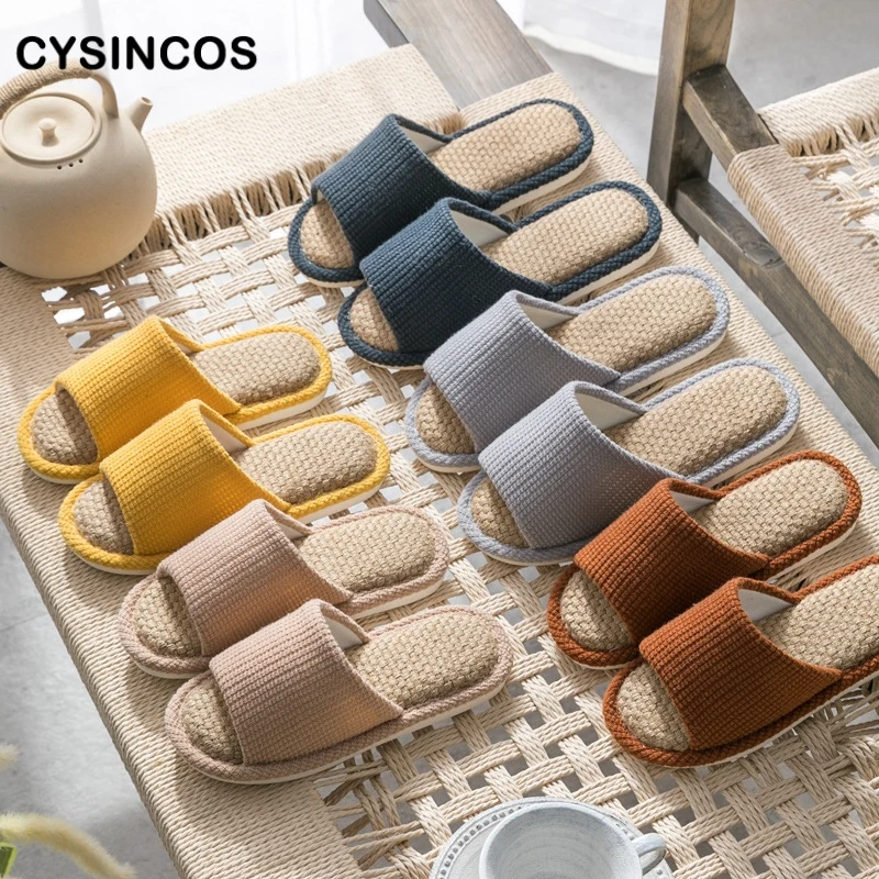 

Linen Cotton Slippers Female Four Seasons Home Indoor Solid Couple Autumn Thick Bottom Slides House Comfortable Slippers Male