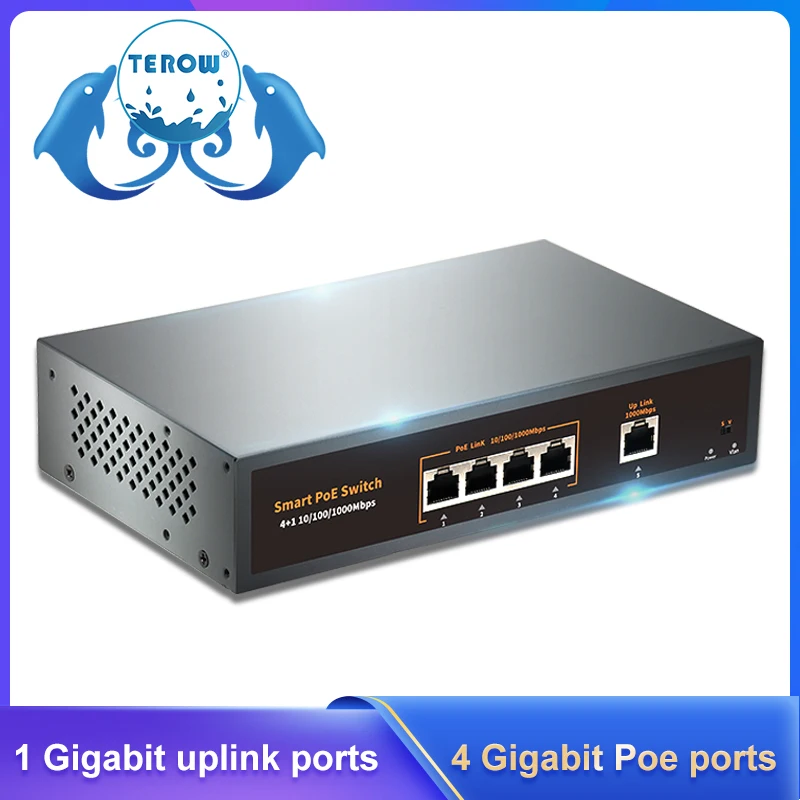 

TEROW POE Switch Gigabit Ethernet 52V 5-Port 100Mbps 1000Mbps Rj45 Casting Network Smart Switch for CCTV IP Camera Wireless AP