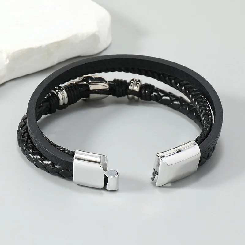 Многослойный кожаный браслет из нержавеющей стали мужские браслеты с черепом