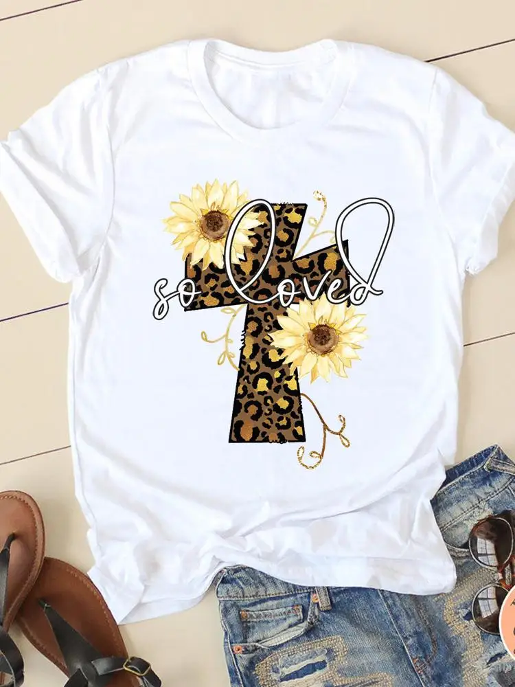 

Clothing Short Sleeve Ladies Casual Women Graphic Tee Leopard Letter Flower Faith Summer Spring T-shirts Female T Shirt Clothes