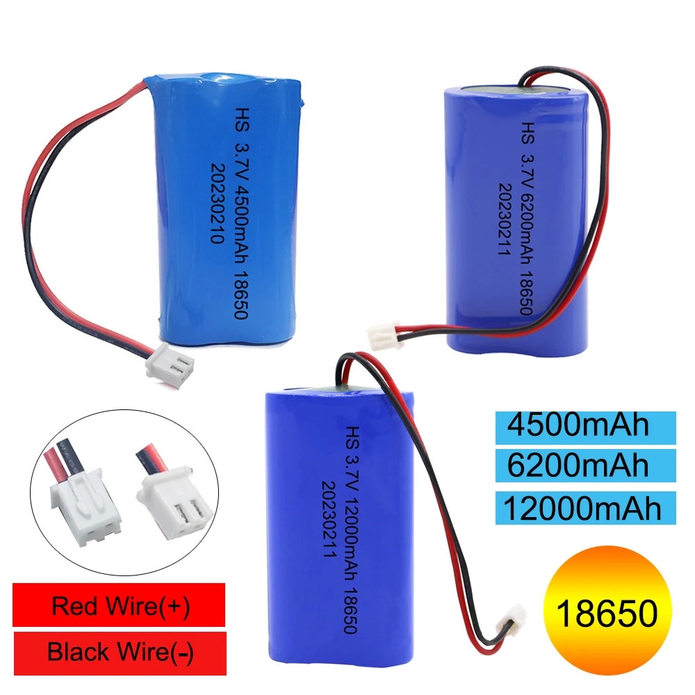 Lithium Battery 3.7V 18650 with XH2.54-2P Plug 4500/6200/12000mAh Rechargeable battery For Fishing LED Light Bluetooth Speaker