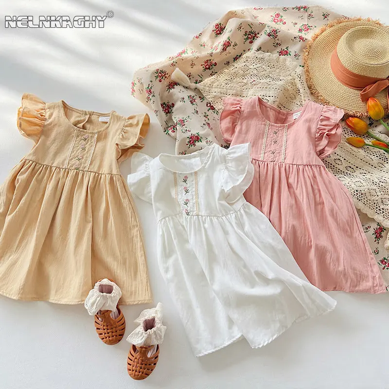 

2023 NEW IN Summer Kids Baby Girls Fly Sleeve Embroidery Flower Knee-length Dresses Children Cotton Soft Clothing Dress