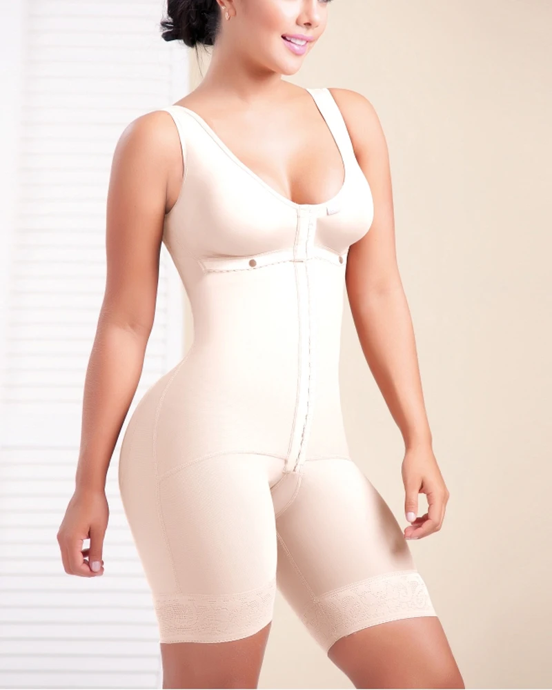 Short Sleeveless Mid Back Shaping Bodysuit Bra Eye N Hook Shapewear Tummy Control Post Op Fajas For Women