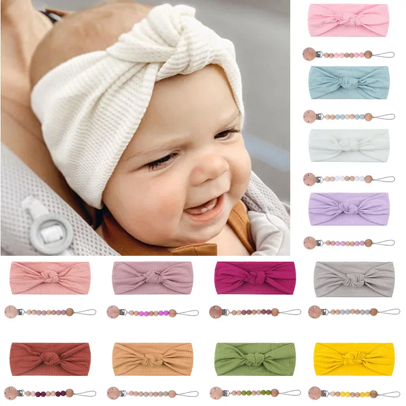 

2Pcs Babi Pacifier Clip and Headband Set Safe Beech Wooden Teether Chain Dummy Chain Set Newborn Nipple Holder
