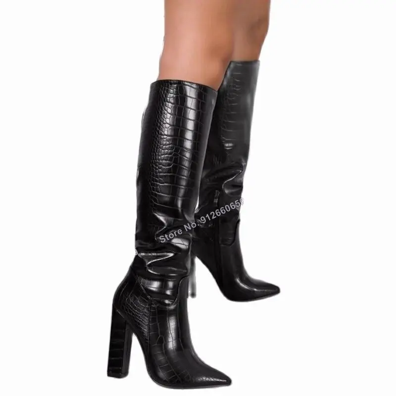 Moraima Snc Black Side Zipper Stone Print Boots for Women Knee High Boots Chunky Heel Stilettos High Heels Runway Shoes on Heels