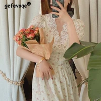 2022 korean vintage floral dress female elegant lace chiffon party dress puff sleeve sweet v neck summer midi dresses for women