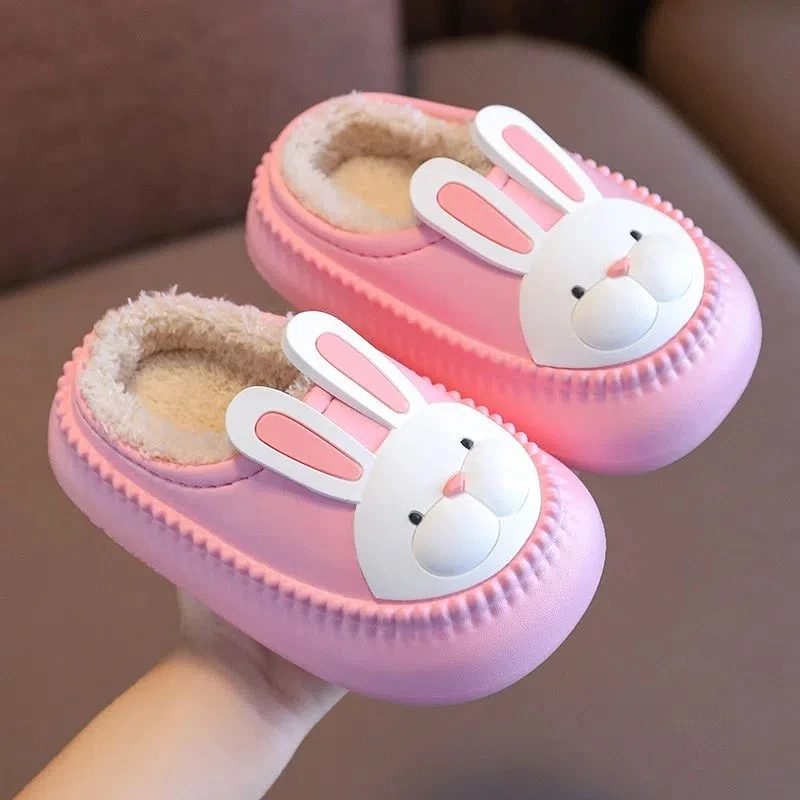 Pink Bunny Loafer Slippers Babi Cartoon Shoes For Home Fur Slides Children Winter Waterproof Fury Mules Clogs Half Cover Sliper