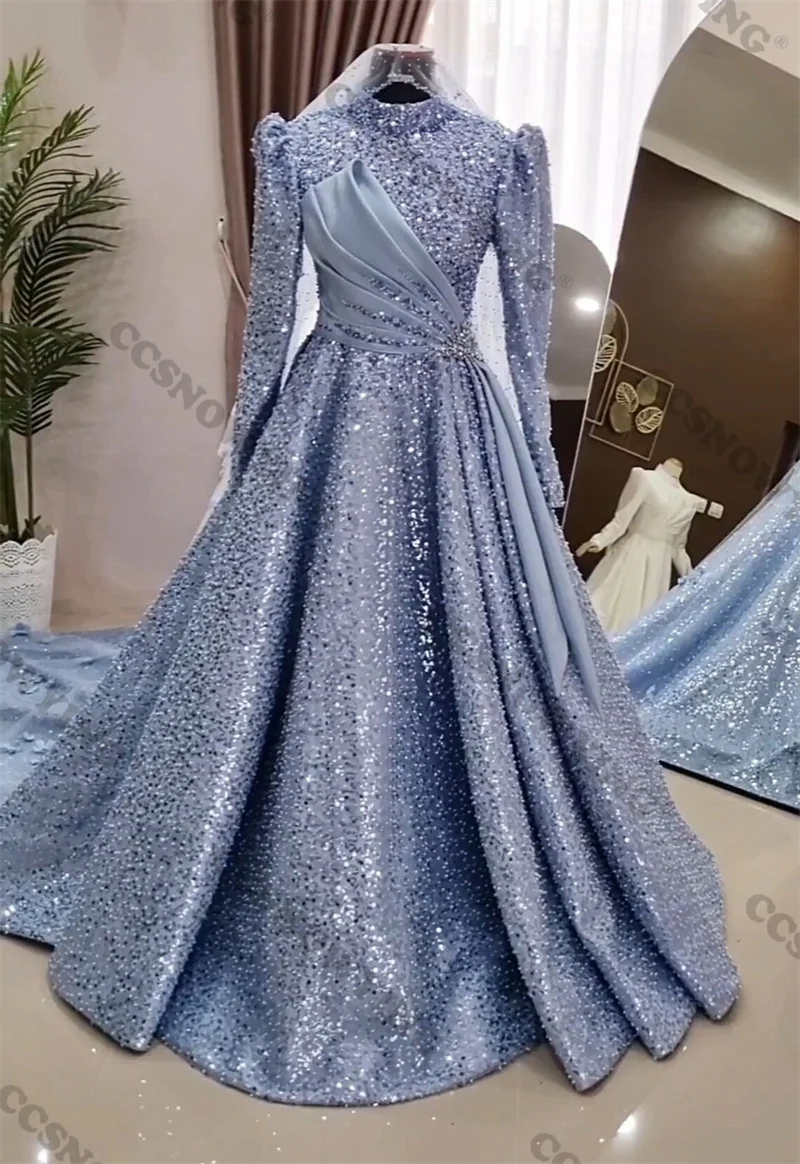 

Sparkly Sequin Appliques Hijab Muslim Evening Dresses Long Sleeve Islamic Formal Party Gown Women Arabic Dubai Robe De Soiree