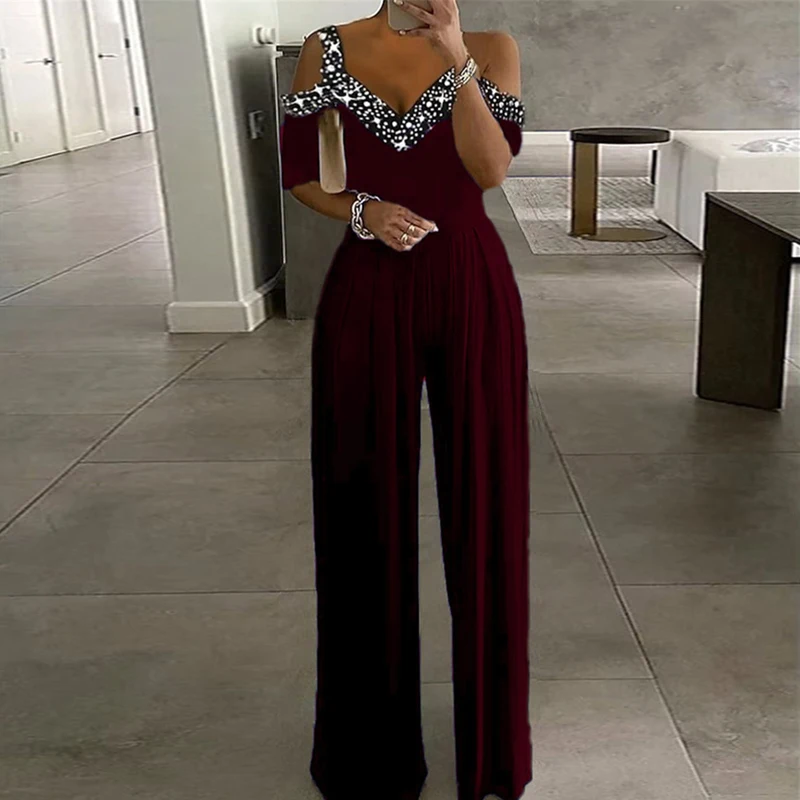 

Elegant Off Shoulder Short Sleeves Jumpsuits 2023 Women Fashion Diamond Shinny Rompers Casual Wide Legger Pants Loose Playsuits