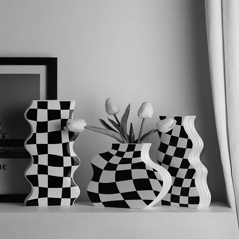 

Nordic Ceramic Checkerboard Advanced Dried Flower Illustration Container Vase Decoration Furniture Vase Indoor Decor Gift