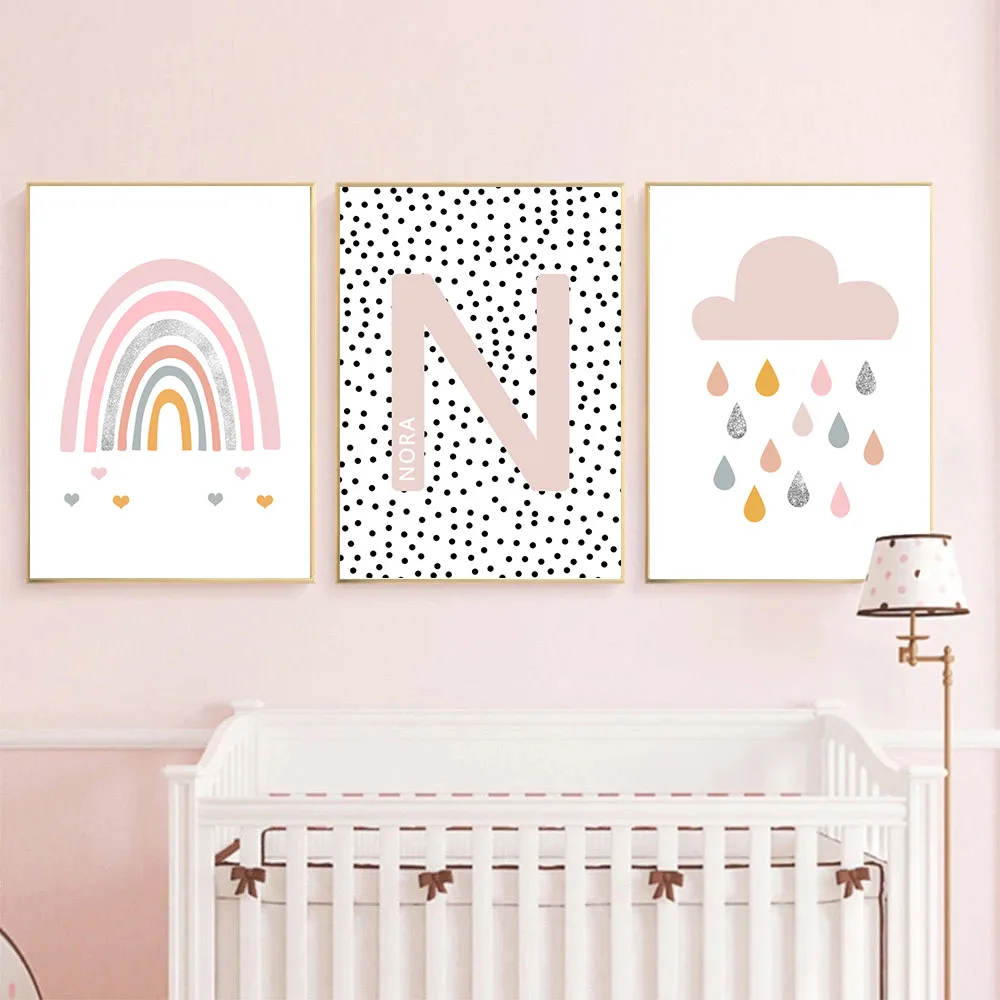 

Child Nursery Canvas Print Personalized Custom Name Posters Raining Cloud Rainbow Paintings Nordic Wall Pictures Baby Room Decor