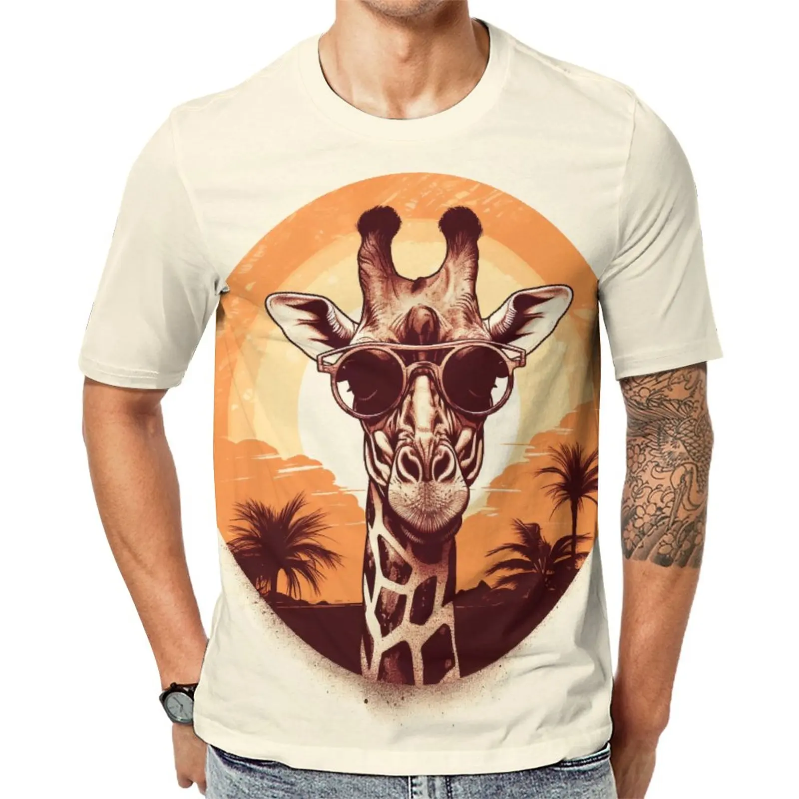 

Футболка с изображением жирафа, заката, животных и солнцезащитных очков, мужские футболки на заказ, милая одежда оверсайз с коротким рукаво...