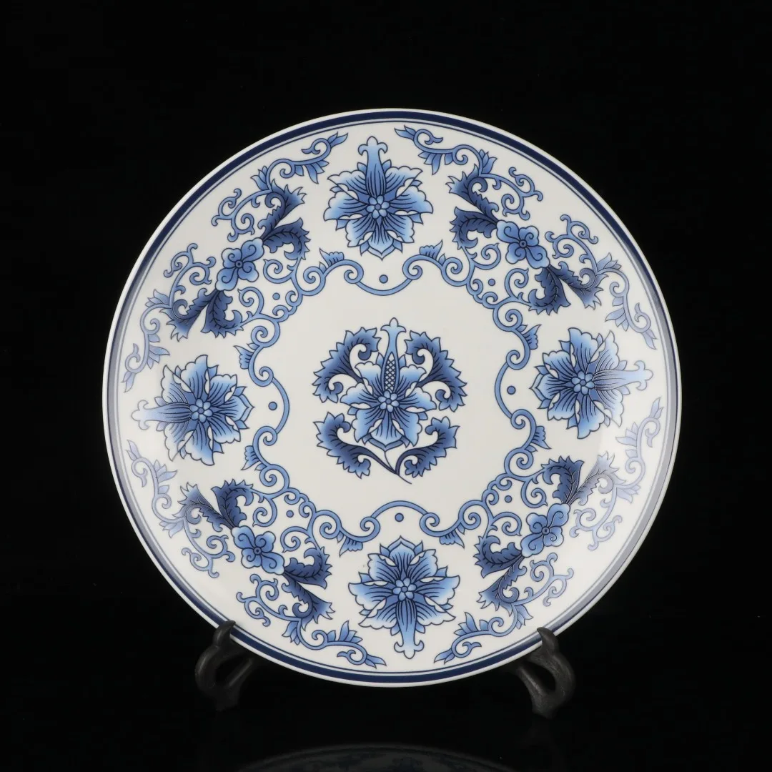 

14"Chinese Folk Collection Old Porcelain blue and white floral pattern chrysanthemum reward plate Ornamental plate ornament