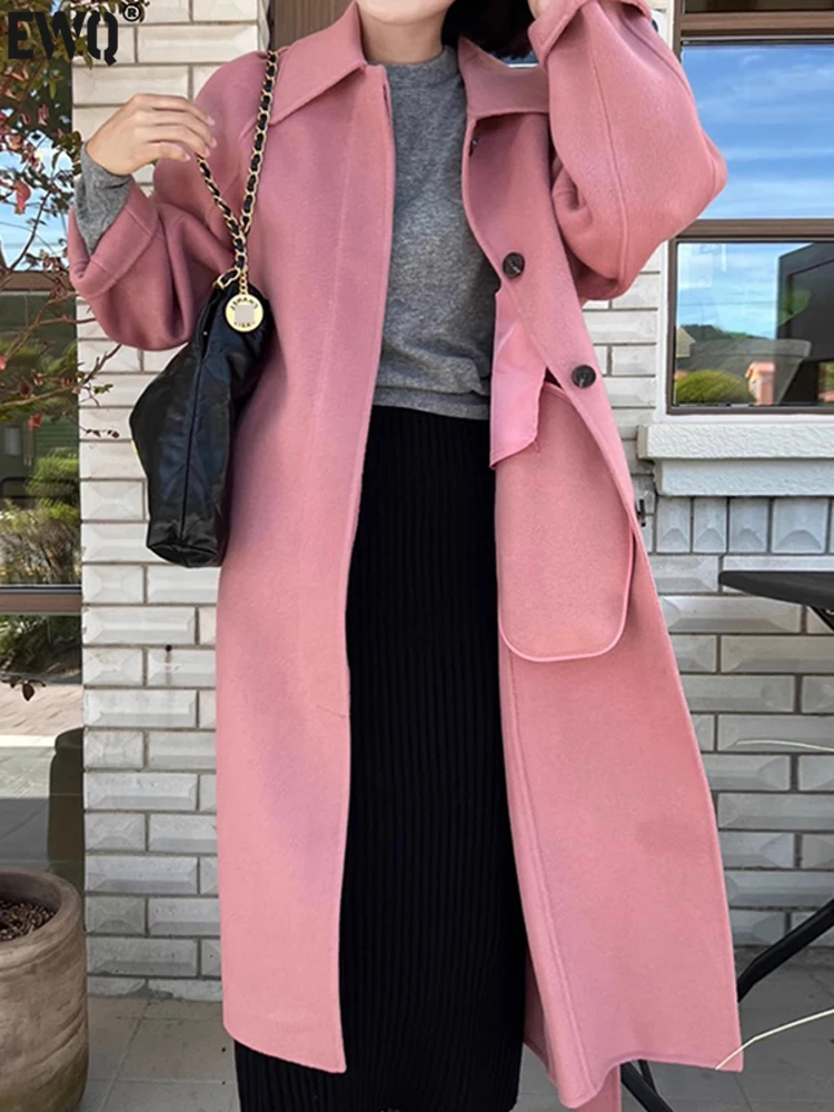 

Женское шерстяное пальто [EWQ] с поясом, однобортное свободное шерстяное пальто с длинным рукавом, новинка сезона осень-зима 2023, 16U4893