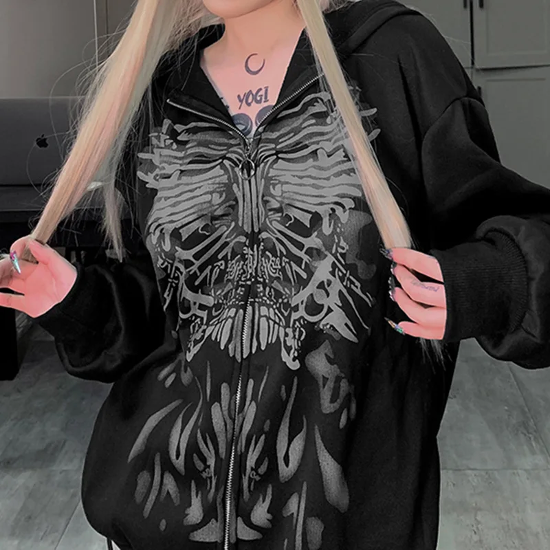 

Oversize Zip Skeleton Print Hoodie Y2K Tops Gothic Clothing Winter Hood Punk Grunge Halloween Sweatshirts Emo Aesthetic