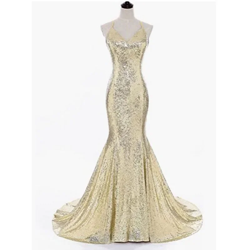 Женское вечернее платье-русалка синее платье с блестками V-образным вырезом