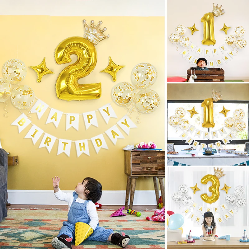 

1set Gold Silver Crown Number Foil Balloons Happy Birthday Letter Banner Baby Shower Kids Anniversary Birthday Party Decoration