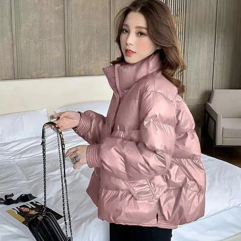 

Down Cotton Jacket Women Autumn Winter 2023 New Solid Color Stand Collar Cotton Coat Fashion Casual Loose Thick Parkas Womens