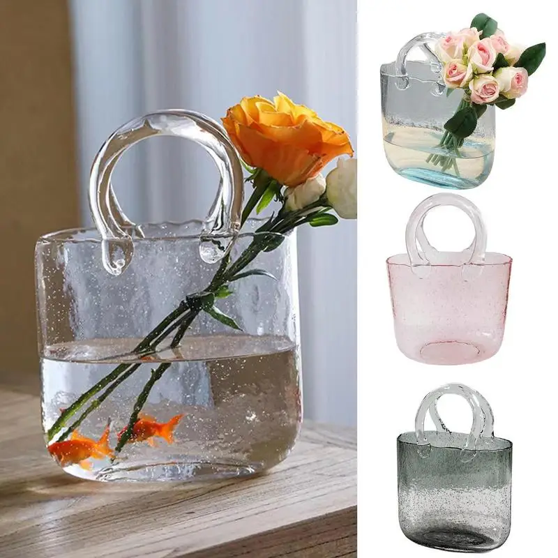 

Handbag Shape Clear Vase Hand Blown Clear Purse Vase With Bubbles In It Flower Arrangement Fish Tank And Glass Vase For Home