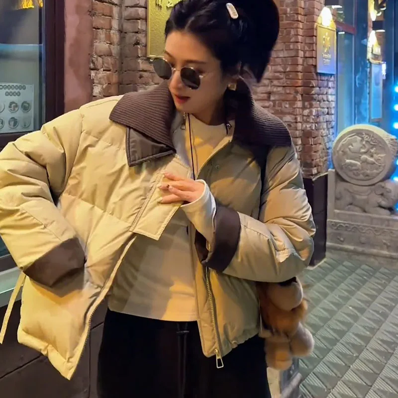 Вязаная утолщенная женская куртка на хлопковой подкладке с лацканами осень-зима