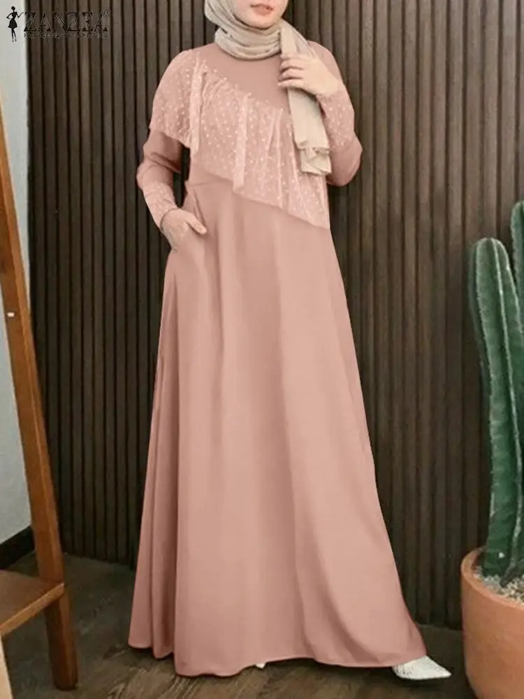 

ZANZEA Autumn Fashion Muslim Dress Women Ramadan Turkey Abaya Vestidos Robe Femme Jilbab Vintage Mesh Patchwork Long Sundress