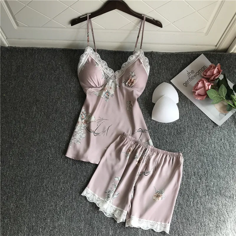 

Women's Sleepwear 2 Pcs Sets Tops+Shorts Floral Printed Sexy Lace Satin Sleeveless V-neck Pyjama Sets With Pads