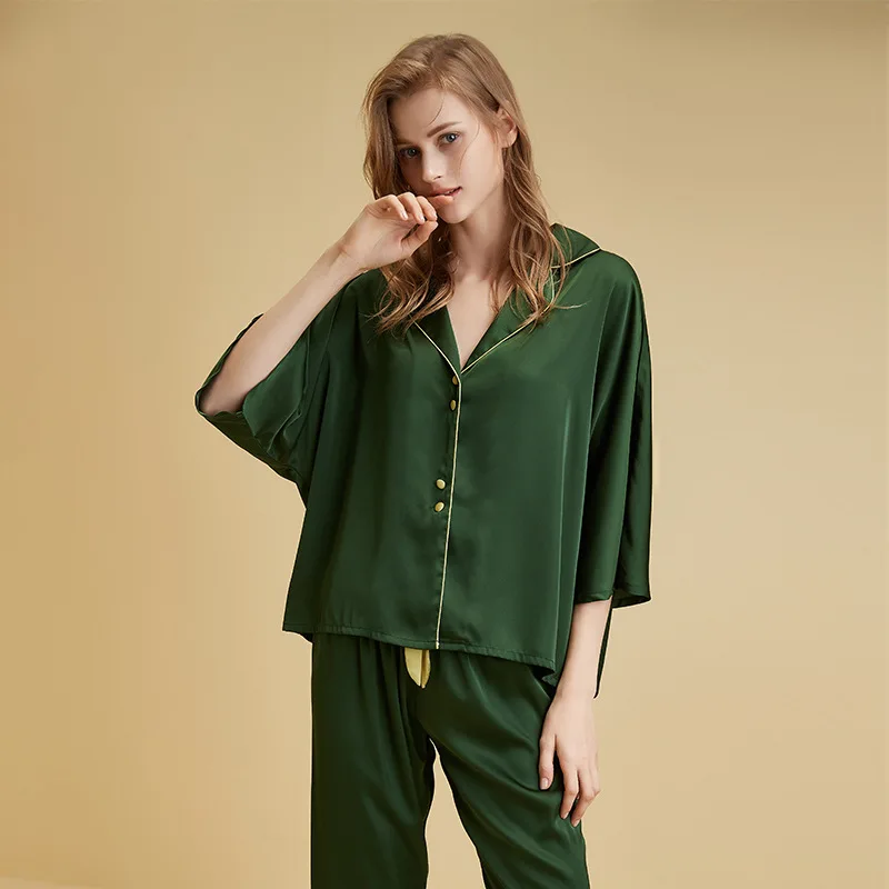 Summer Thin Section Ice Silk Women Pajama Sets Lapel 3/4 Sleeves Pajamas Set Elegant Night Wears for Women's Sets Free Shipping